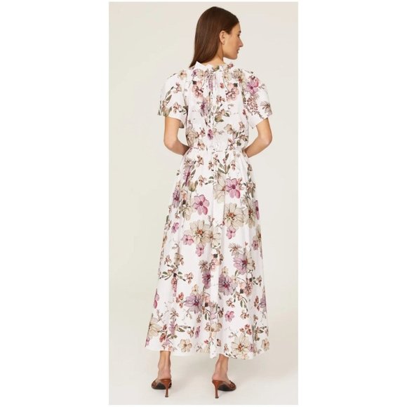 Rtr midi sz 12 Adam Lippes pink floral shirred tie waist cap sleeve dress pleat - Picture 3 of 7